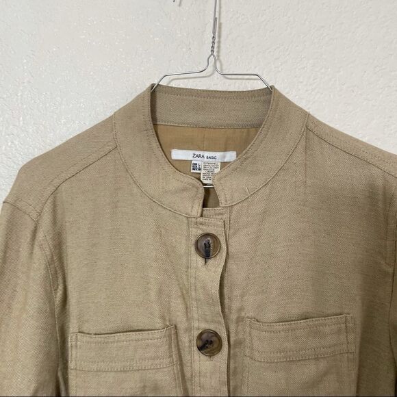 Zara Tan Linen Blend High Neck Button Up Belted Light Weight Jacket Size L - Picture 2 of 15